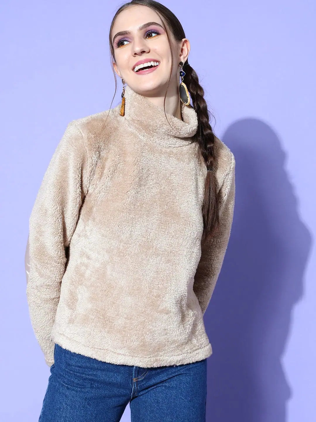 Beige High Neck Fur Sweatshirt | Ethnic Lehenga Collection