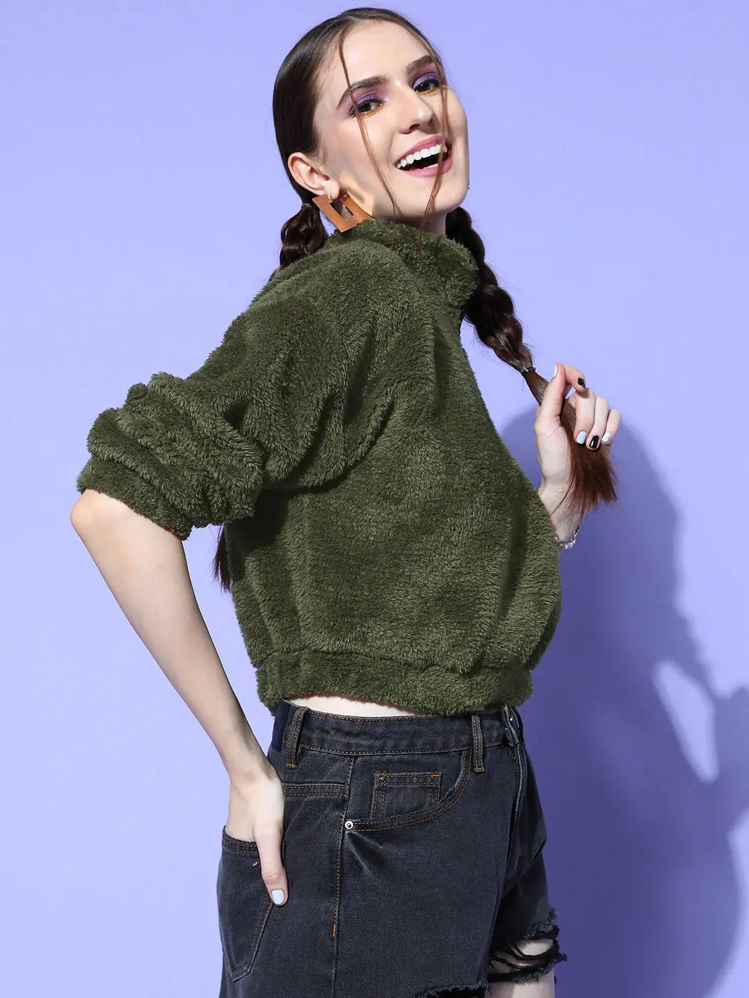 Olive Fur Crop Sweatshirt | Women's Lehenga & Choli Collection