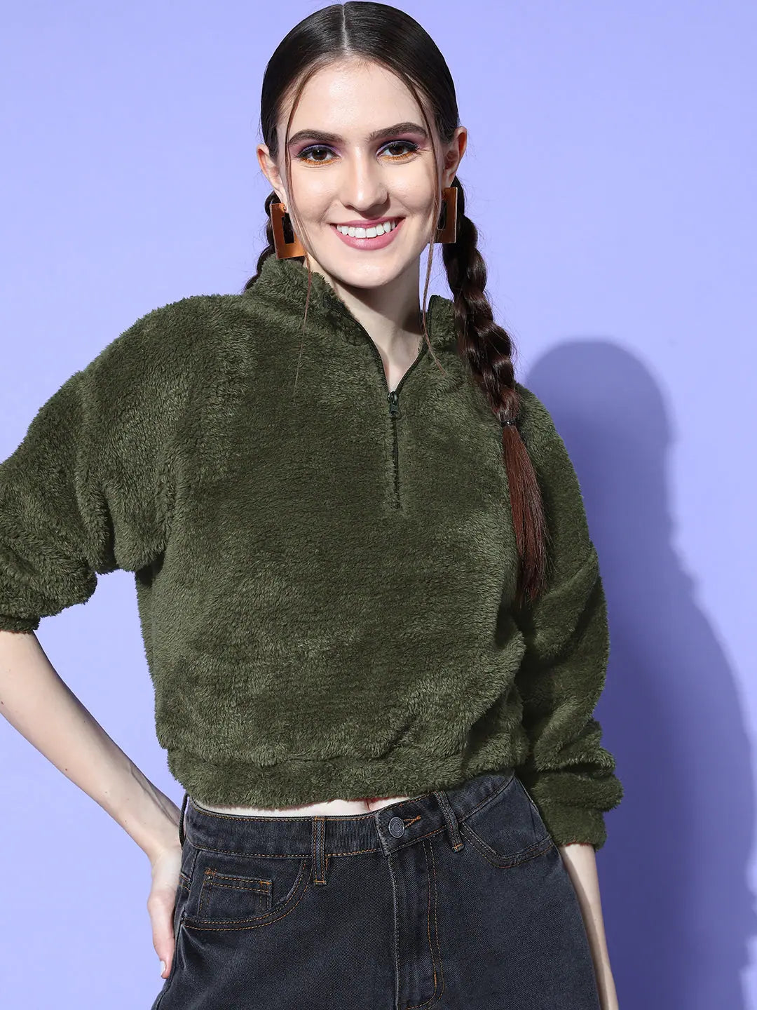Olive Fur Crop Sweatshirt | Women's Lehenga & Choli Collection
