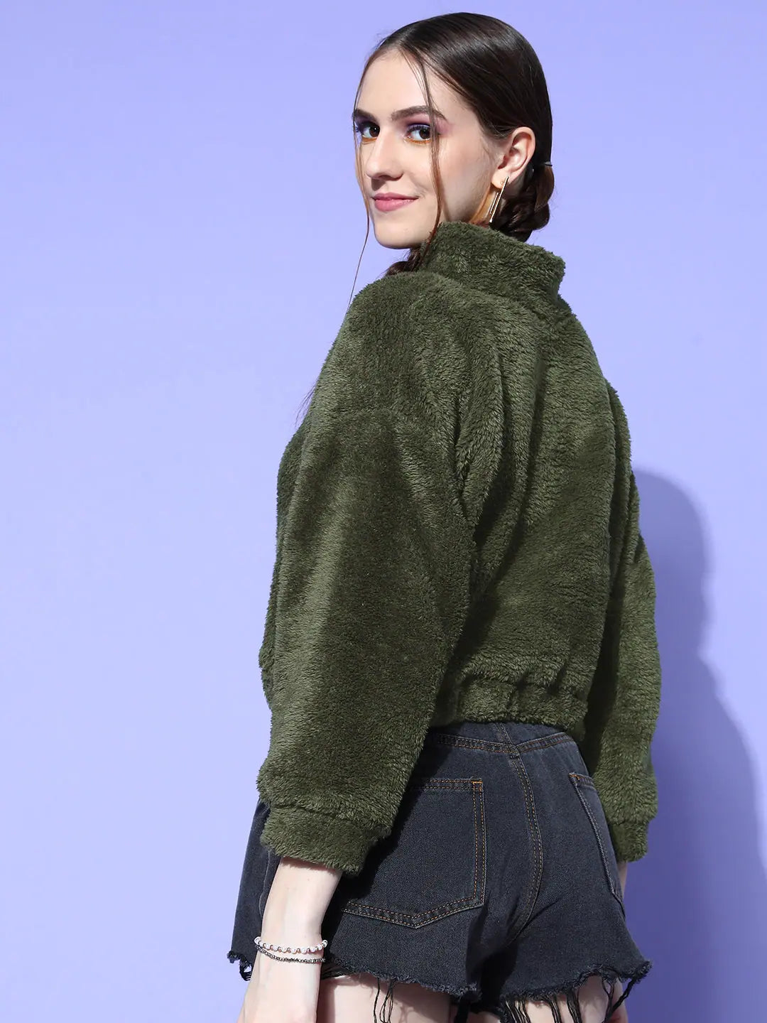 Olive Fur Crop Sweatshirt | Women's Lehenga & Choli Collection