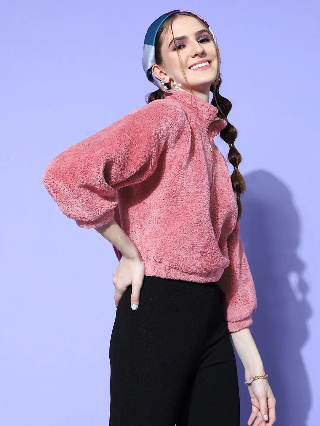 Pink Fur Sweatshirt for Women | Cozy Zipper Front