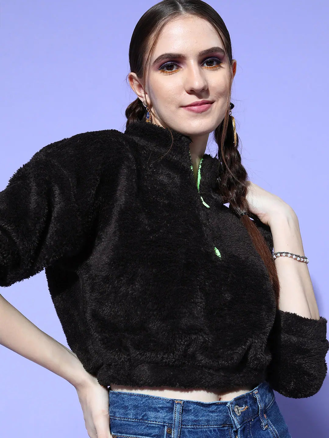 Black Fur Crop Sweatshirt | Women's Comfort Fit