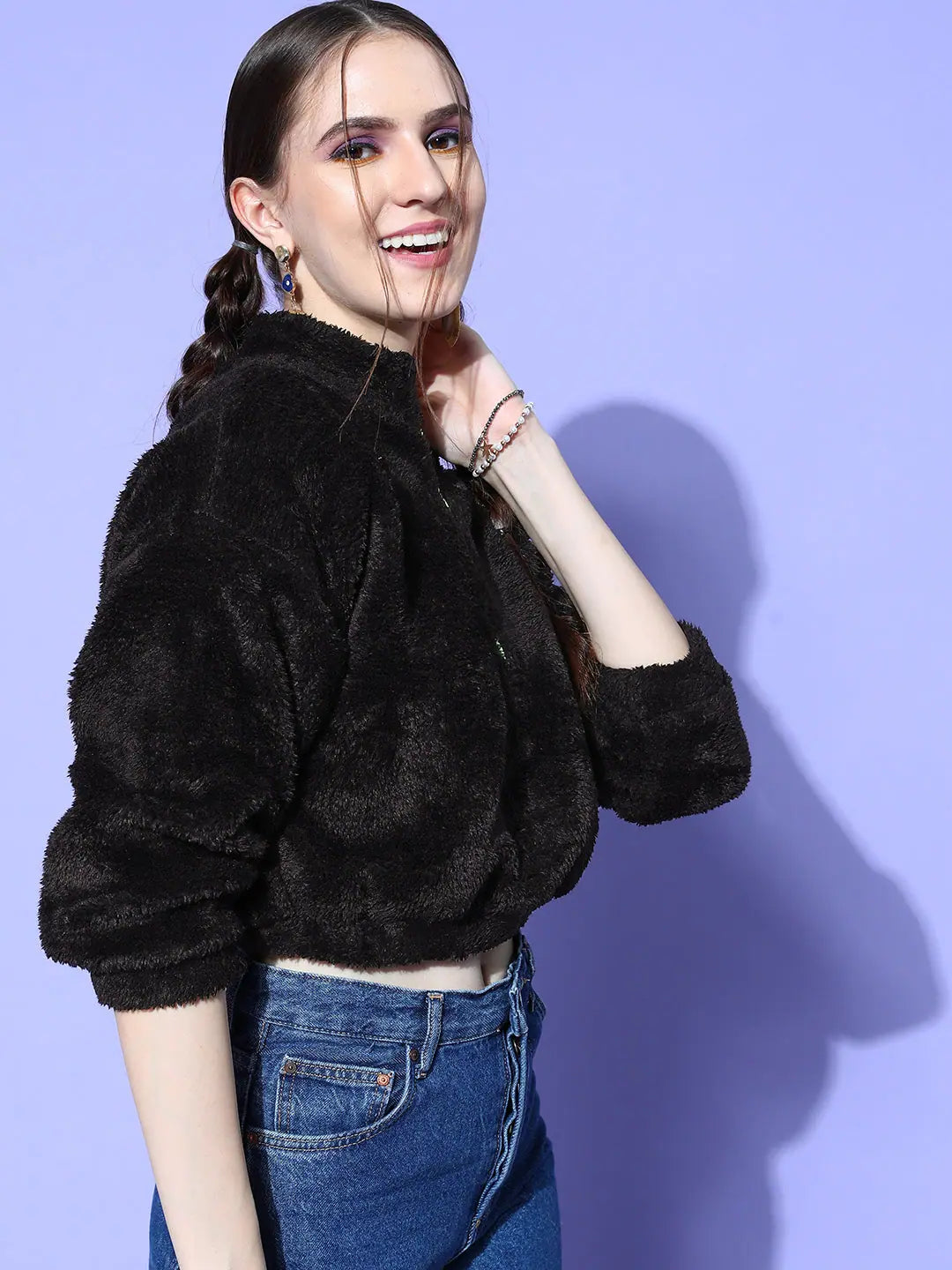 Black Fur Crop Sweatshirt | Women's Comfort Fit
