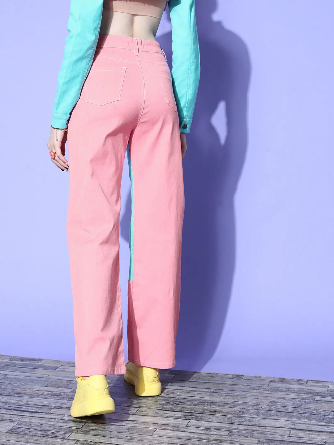 Pink Color Block Jeans | Straight Twill Denim for Women