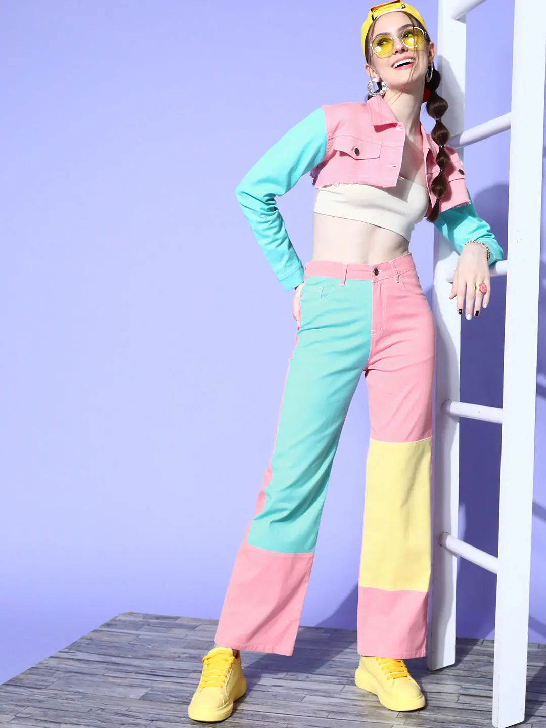 Pink Color Block Jeans | Straight Twill Denim for Women