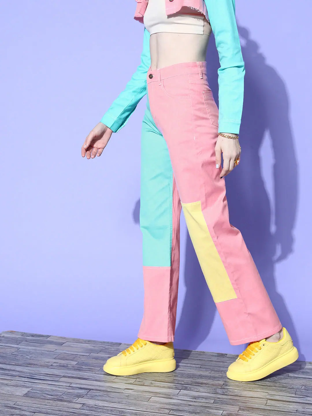 Pink Color Block Jeans | Straight Twill Denim for Women