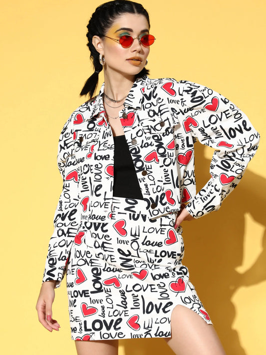 Women Printed Red Collared Neck Full Sleeve Jacket 3410