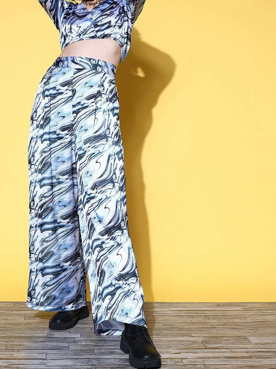 Marble Flare Pants | Blue & Black Satin Trousers for Women