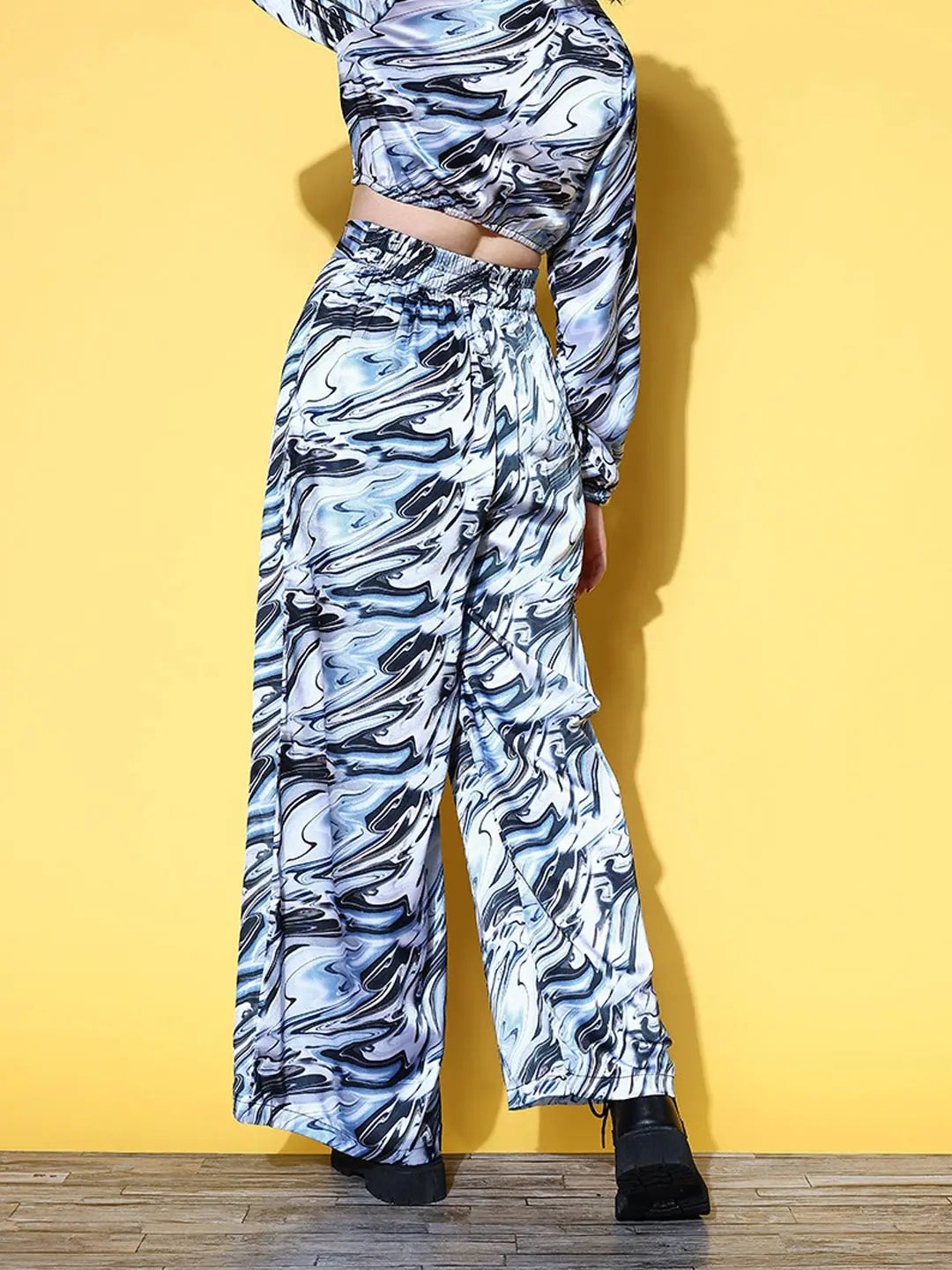 Marble Flare Pants | Blue & Black Satin Trousers for Women