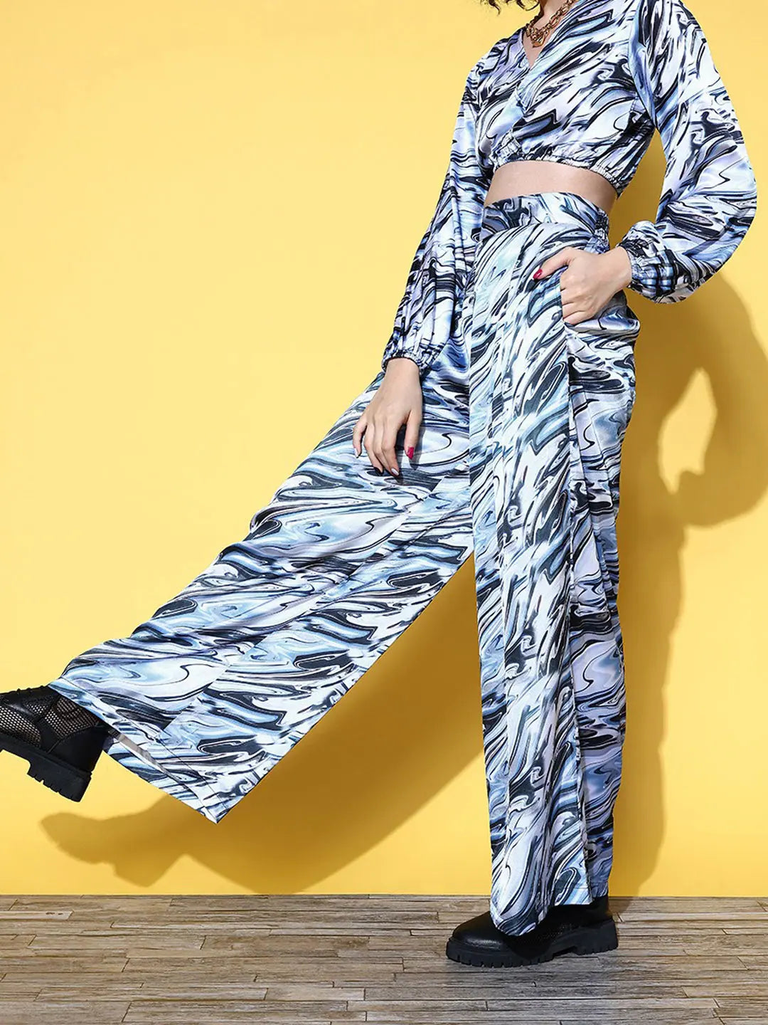 Marble Flare Pants | Blue & Black Satin Trousers for Women
