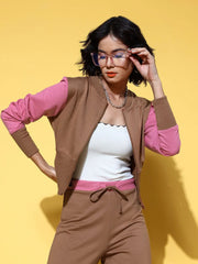 Women Printed Brown Round Neck Full Sleeve Jacket