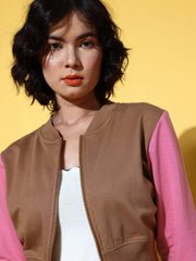 Women Printed Brown Round Neck Full Sleeve Jacket