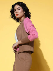 Women Printed Brown Round Neck Full Sleeve Jacket