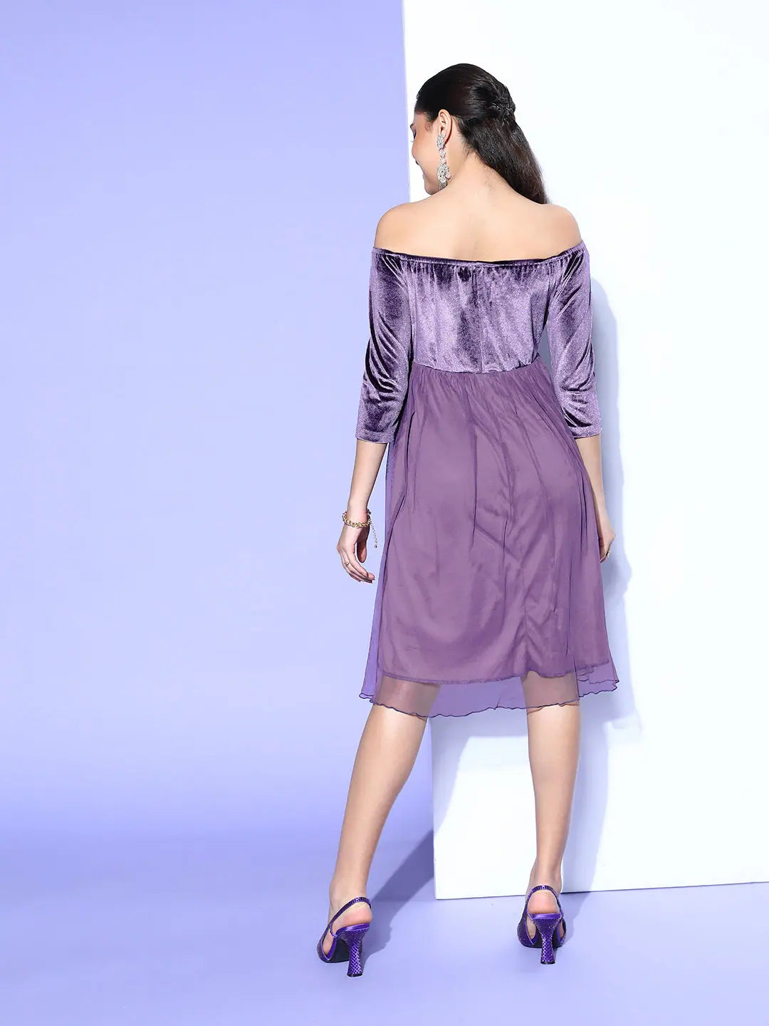 Purple Velvet Off Shoulder Midi Dress | Party Wear Lehenga Look