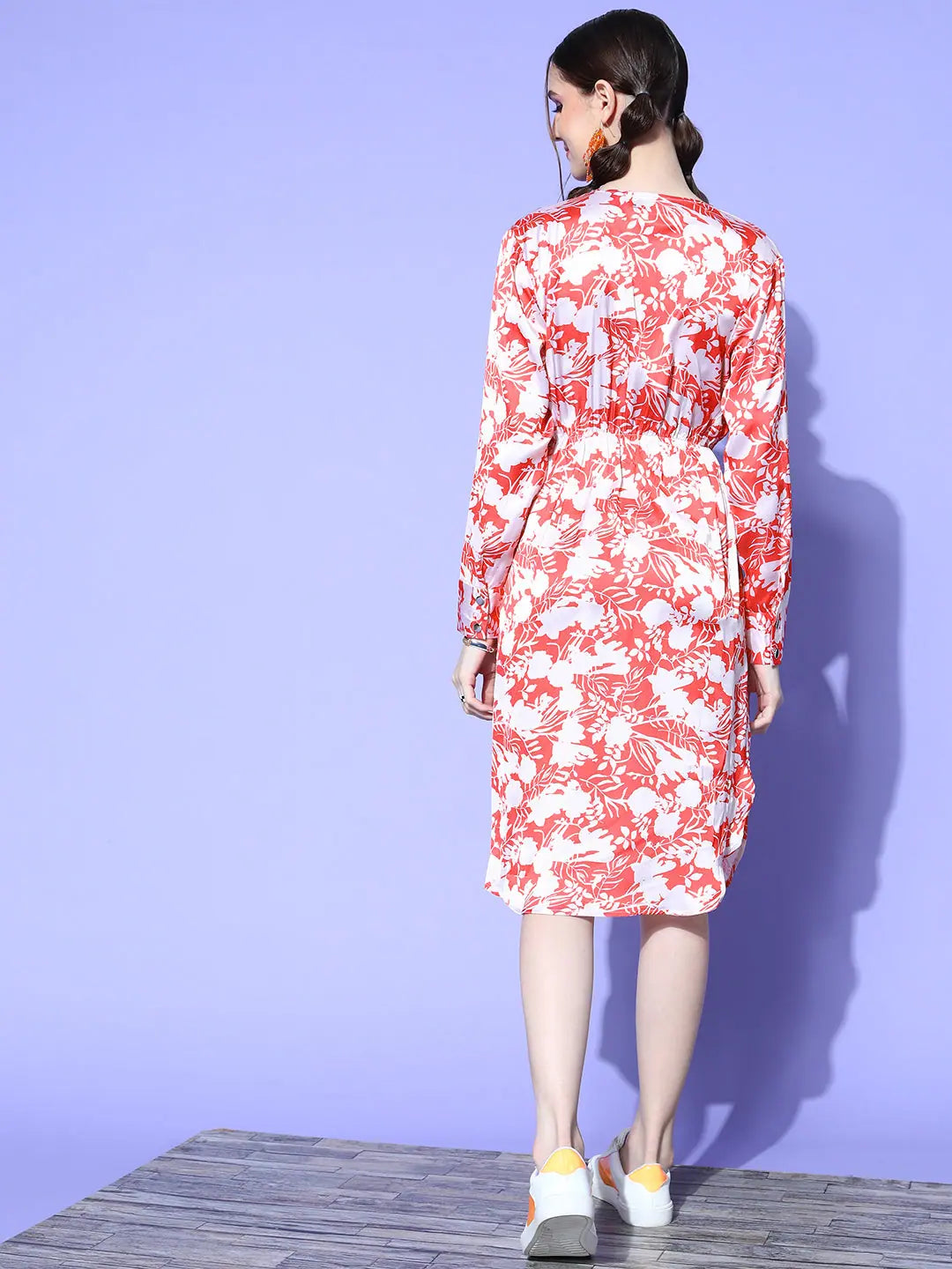 Red Floral Satin Midi Shirt Dress | Festive Lehenga Look