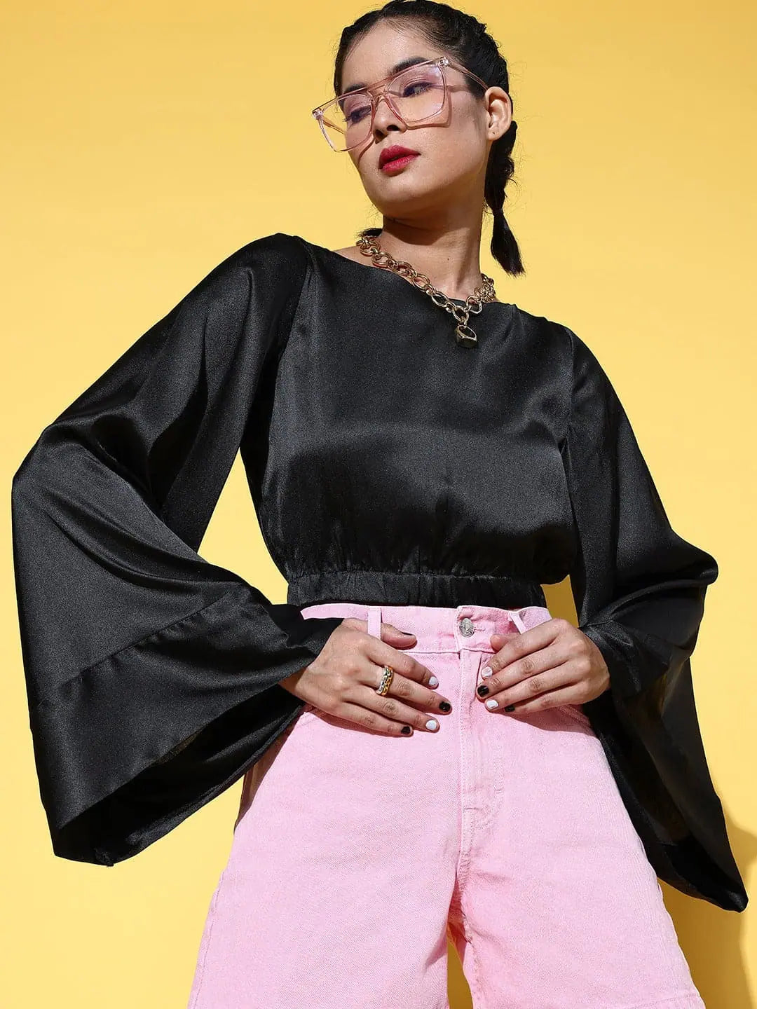 Black Satin Flared Sleeve Crop Top | Designer Lehenga Choli Top