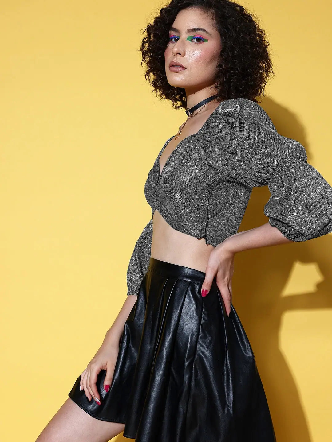 Silver Lurex Knotted Crop Top | Party Wear Lehenga Inspiration