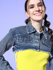 Women Solid Blue Collared Neck Full Sleeve Jacket