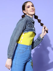 Women Solid Blue Collared Neck Full Sleeve Jacket