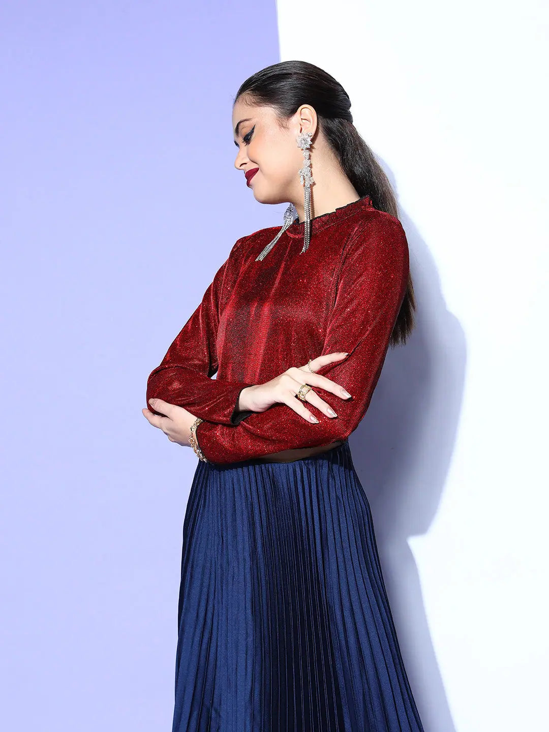 Red Lurex Crop Top - Party Wear Lehenga Style | Shop Now
