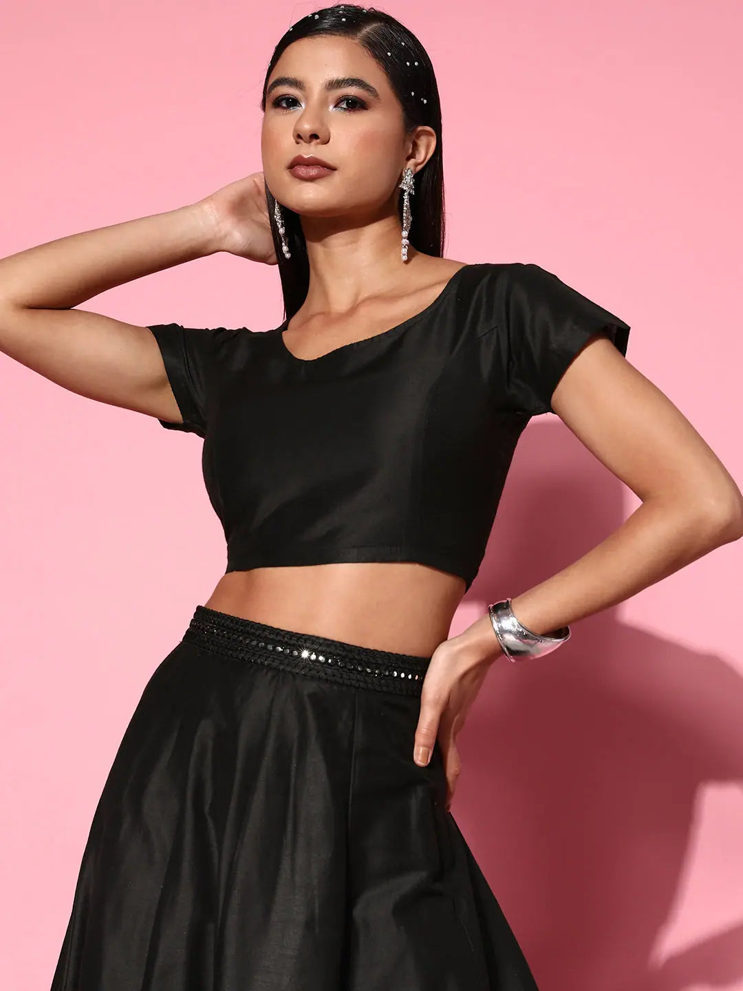 Black Mirror Embroidered Crop Top - Party Silk Lehenga Top