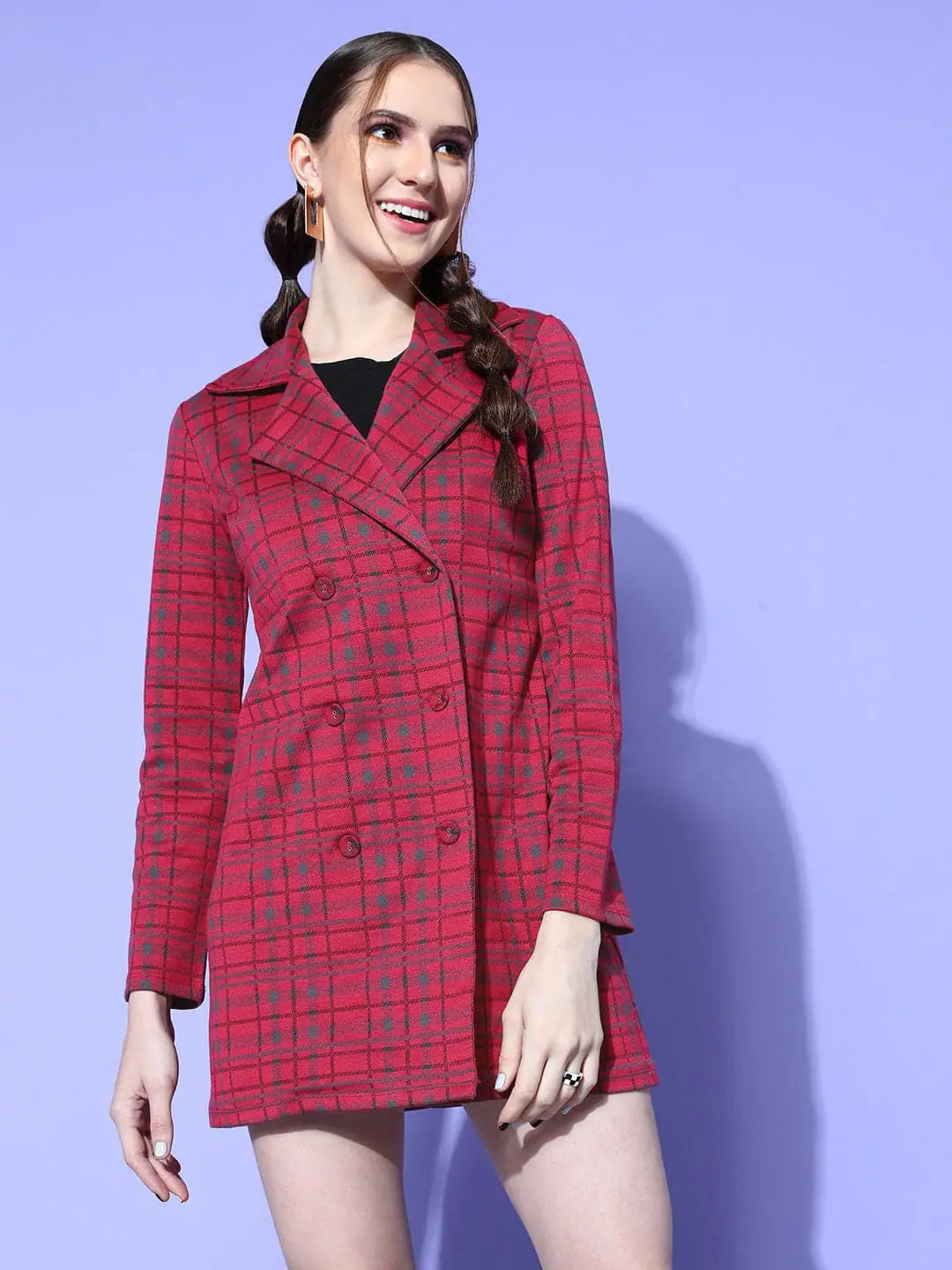 Fuchsia Check Blazer Dress - Double Breasted Mini Party Dress
