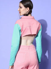 Women Color Blocked Pink Collared Neck Full Sleeve Jacket