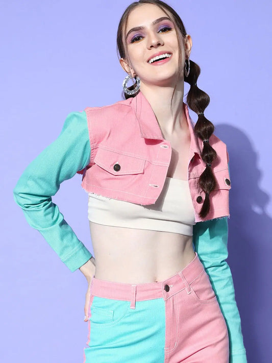 Women Color Blocked Pink Collared Neck Full Sleeve Jacket 1080