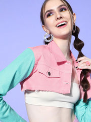 Women Color Blocked Pink Collared Neck Full Sleeve Jacket