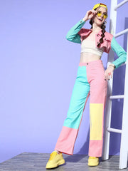 Women Color Blocked Pink Collared Neck Full Sleeve Jacket