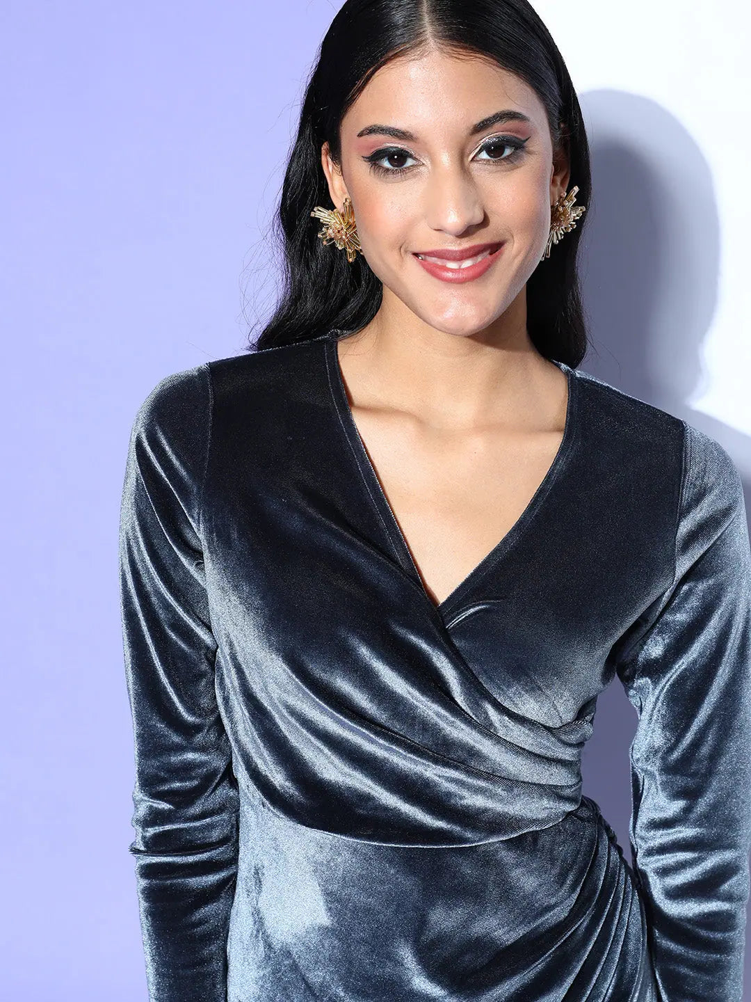 Grey Velvet Wrap Bodycon Dress | Women's Lehenga