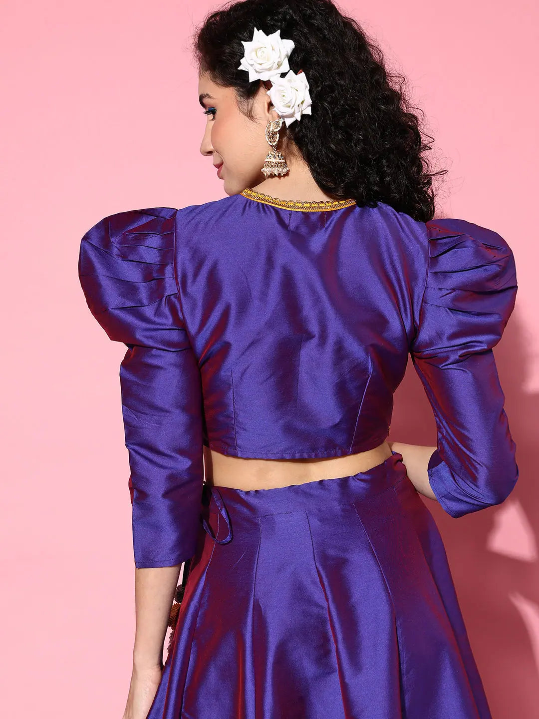 Purple Powered Shoulder Crop Top | Party Wear Lehenga