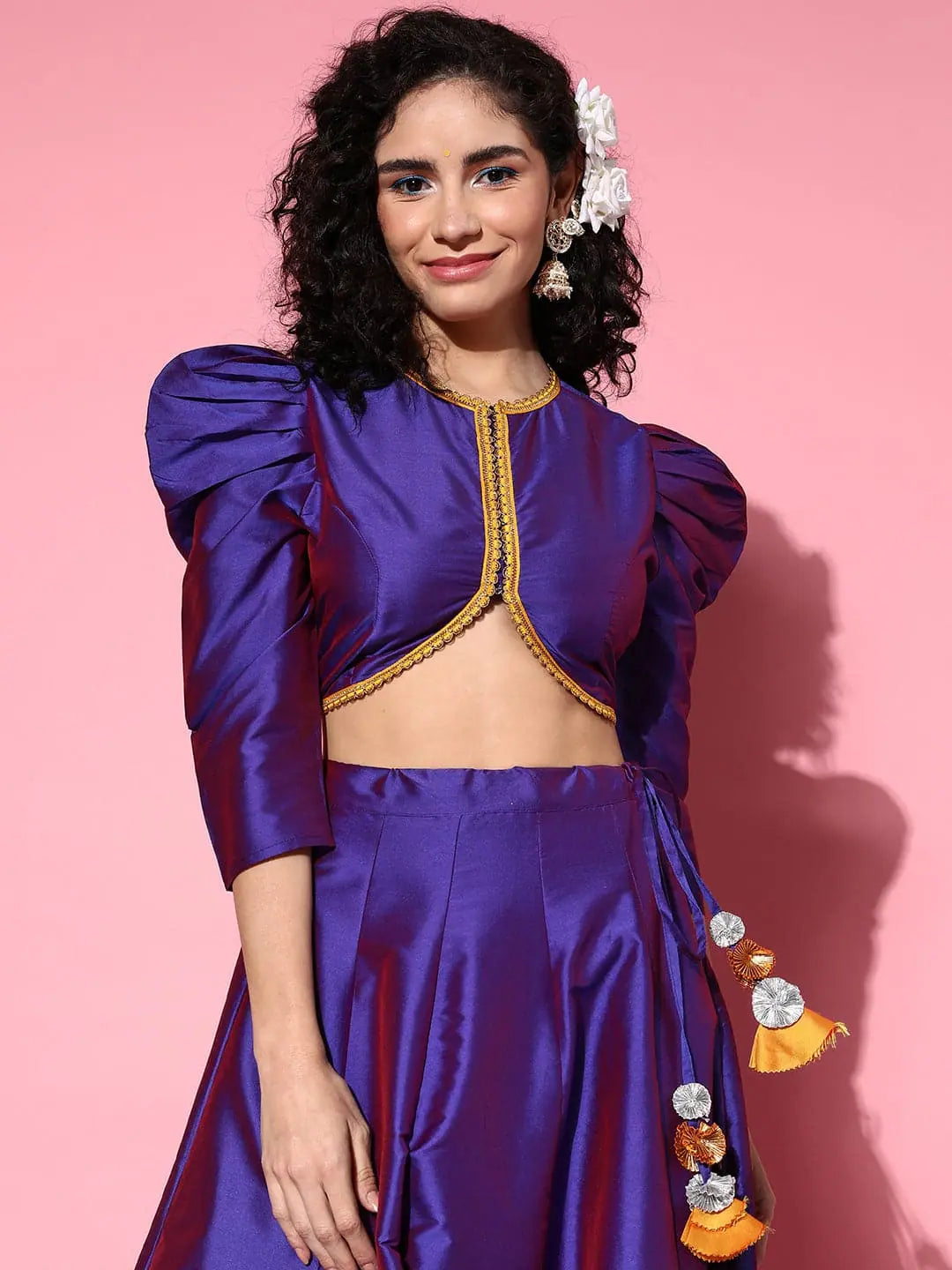 Purple Powered Shoulder Crop Top | Party Wear Lehenga