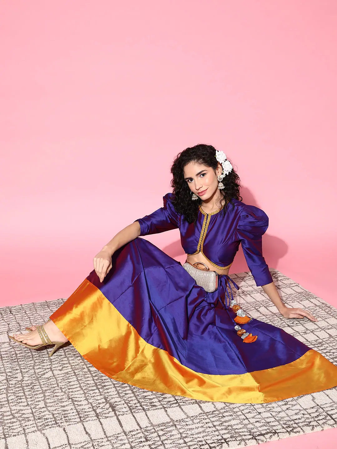 Purple Powered Shoulder Crop Top | Party Wear Lehenga
