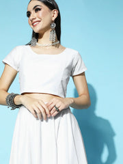 Women White Mirror Embroidered Crop Top