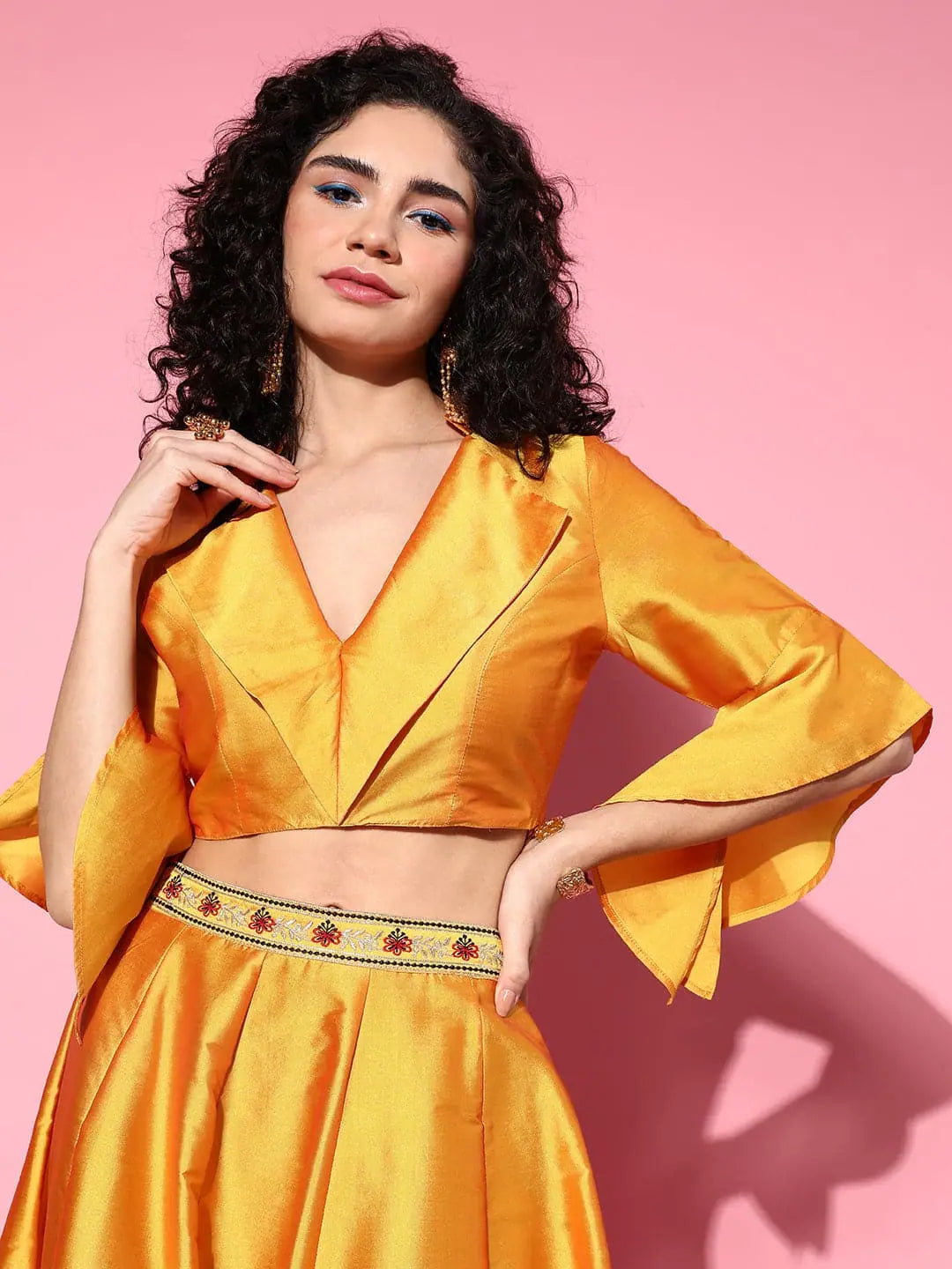 Mustard Crop Top - Notch Collar, Frilly Sleeve Details | Women's