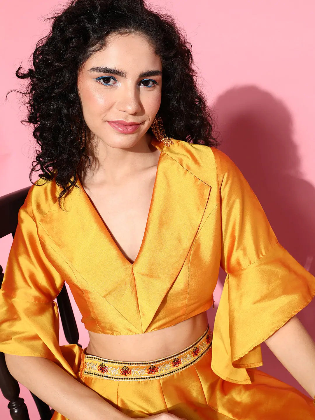 Mustard Crop Top - Notch Collar, Frilly Sleeve Details | Women's