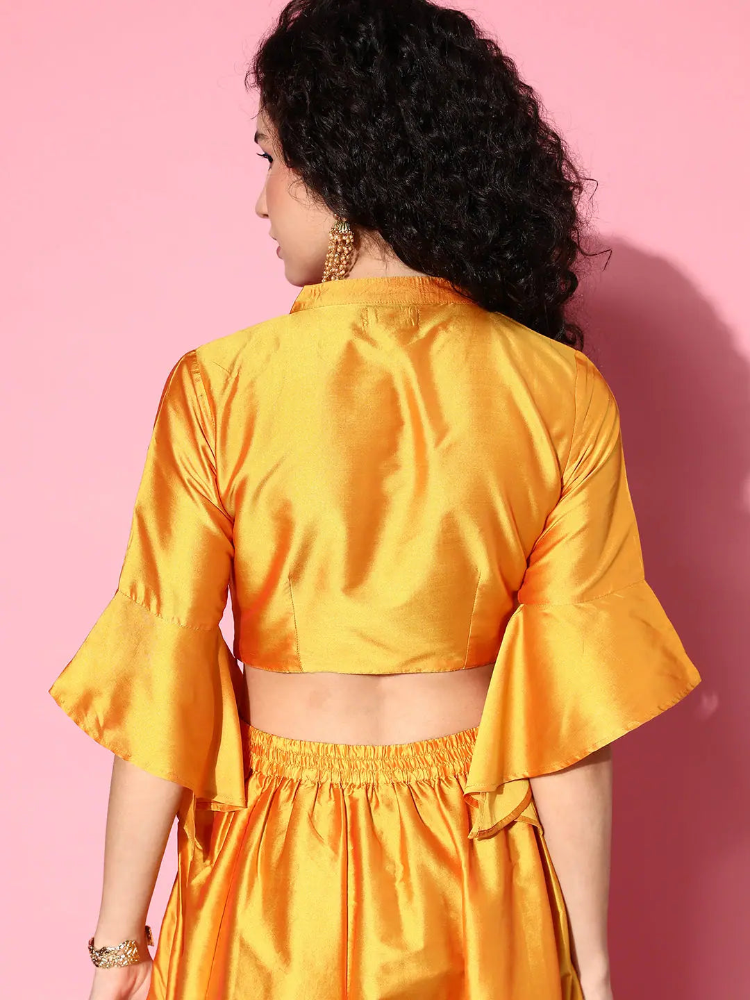 Mustard Crop Top - Notch Collar, Frilly Sleeve Details | Women's
