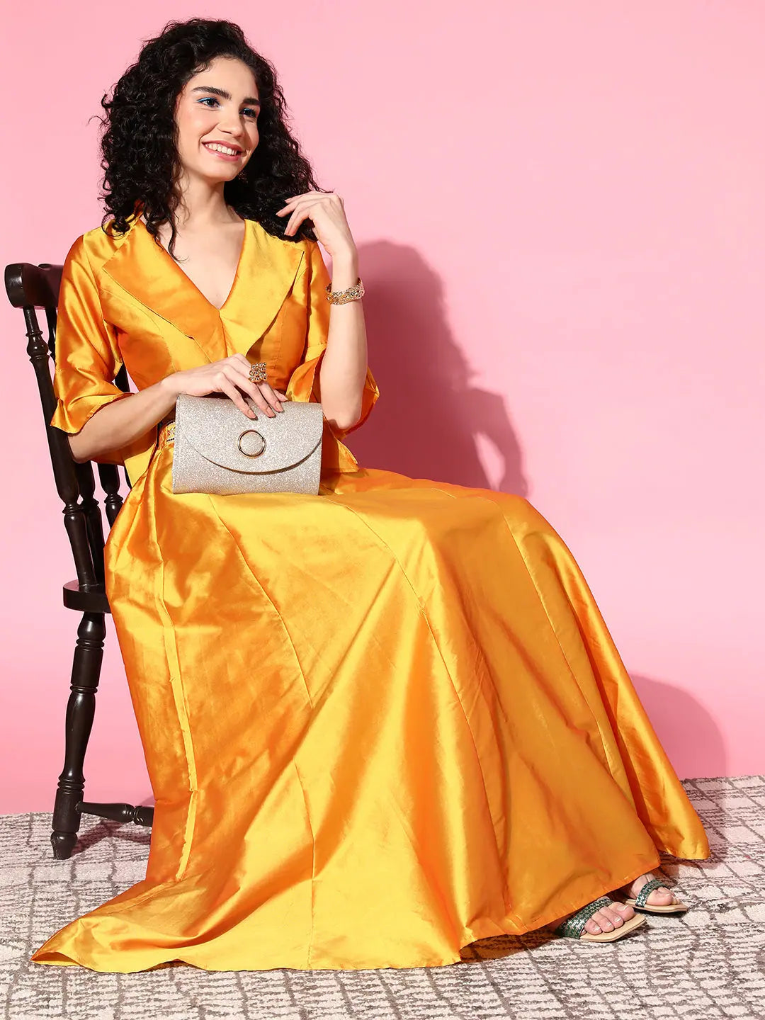 Mustard Crop Top - Notch Collar, Frilly Sleeve Details | Women's