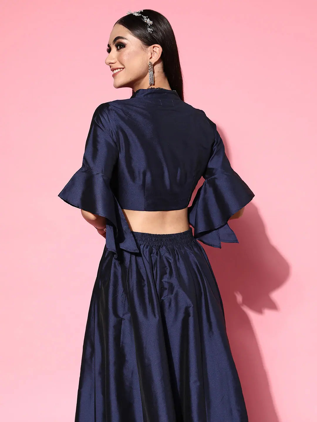 Navy Notch Collar Crop Top - Ethnic Lehenga for Women Online