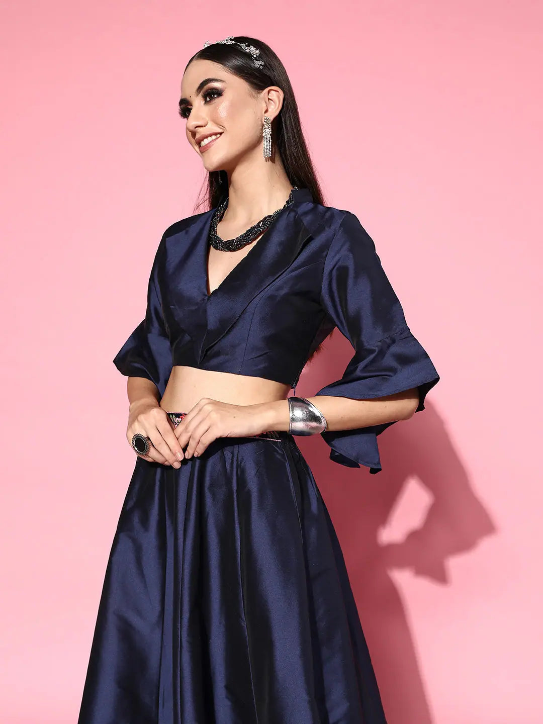 Navy Notch Collar Crop Top - Ethnic Lehenga for Women Online