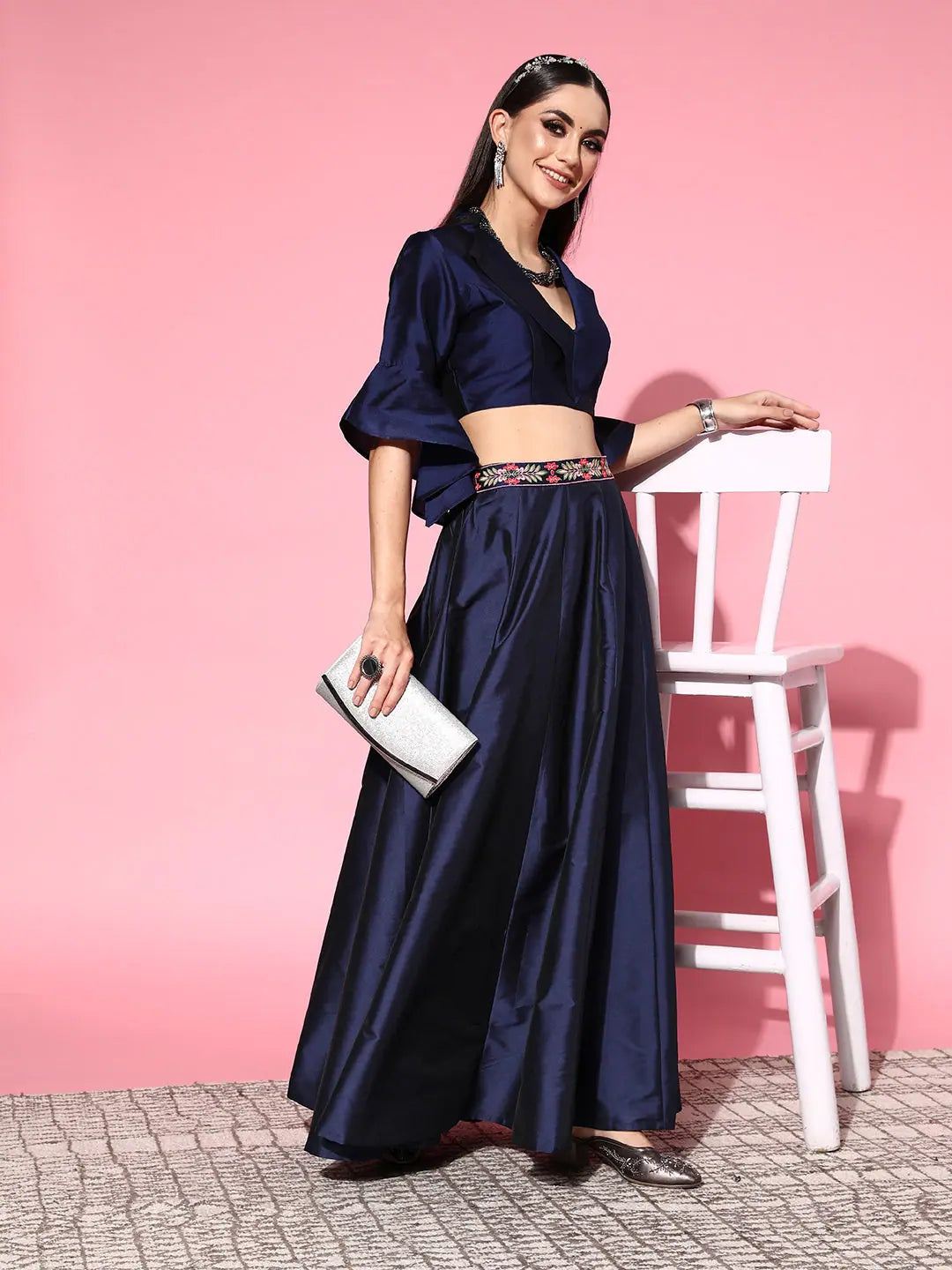 Navy Notch Collar Crop Top - Ethnic Lehenga for Women Online