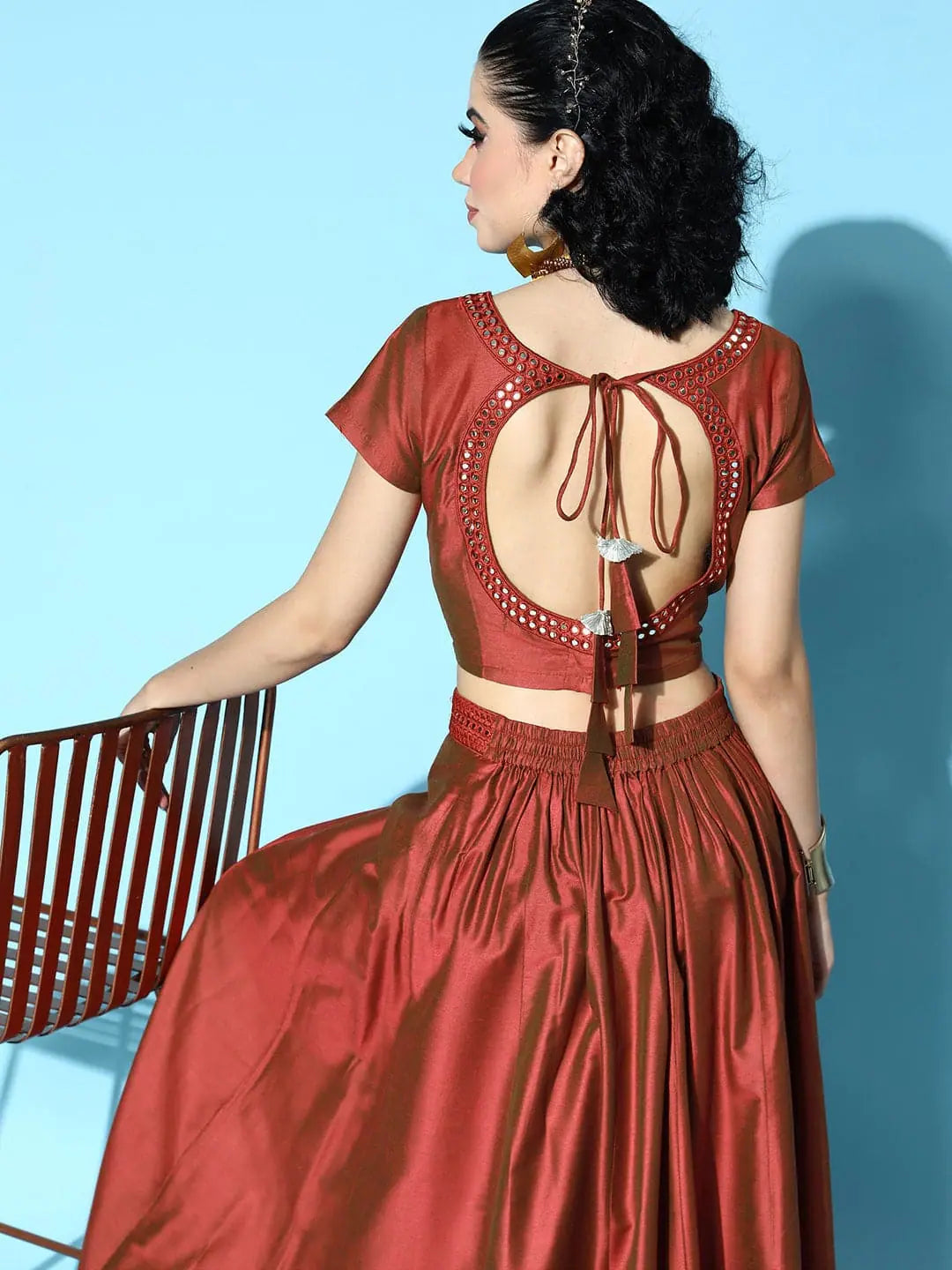 Rust Mirror Embroidered Crop Top - Designer Lehenga Choli Online