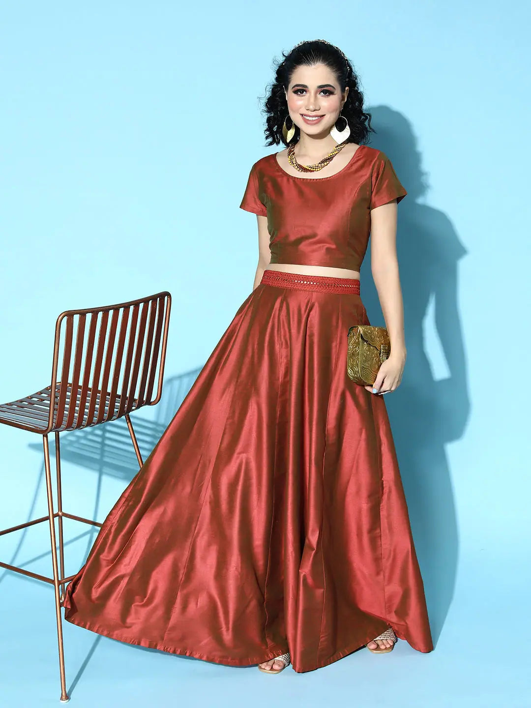 Rust Mirror Embroidered Crop Top - Designer Lehenga Choli Online