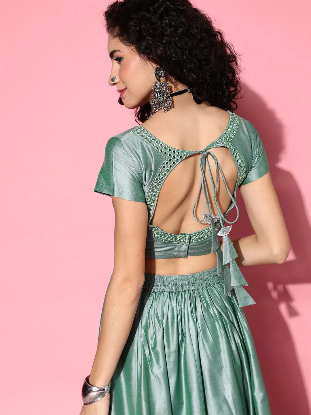 Green Mirror Embroidered Crop Top - Ethnic Lehenga for Women