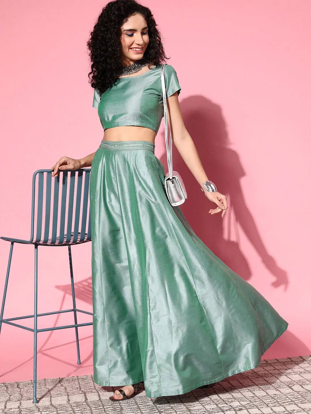 Green Mirror Embroidered Crop Top - Ethnic Lehenga for Women
