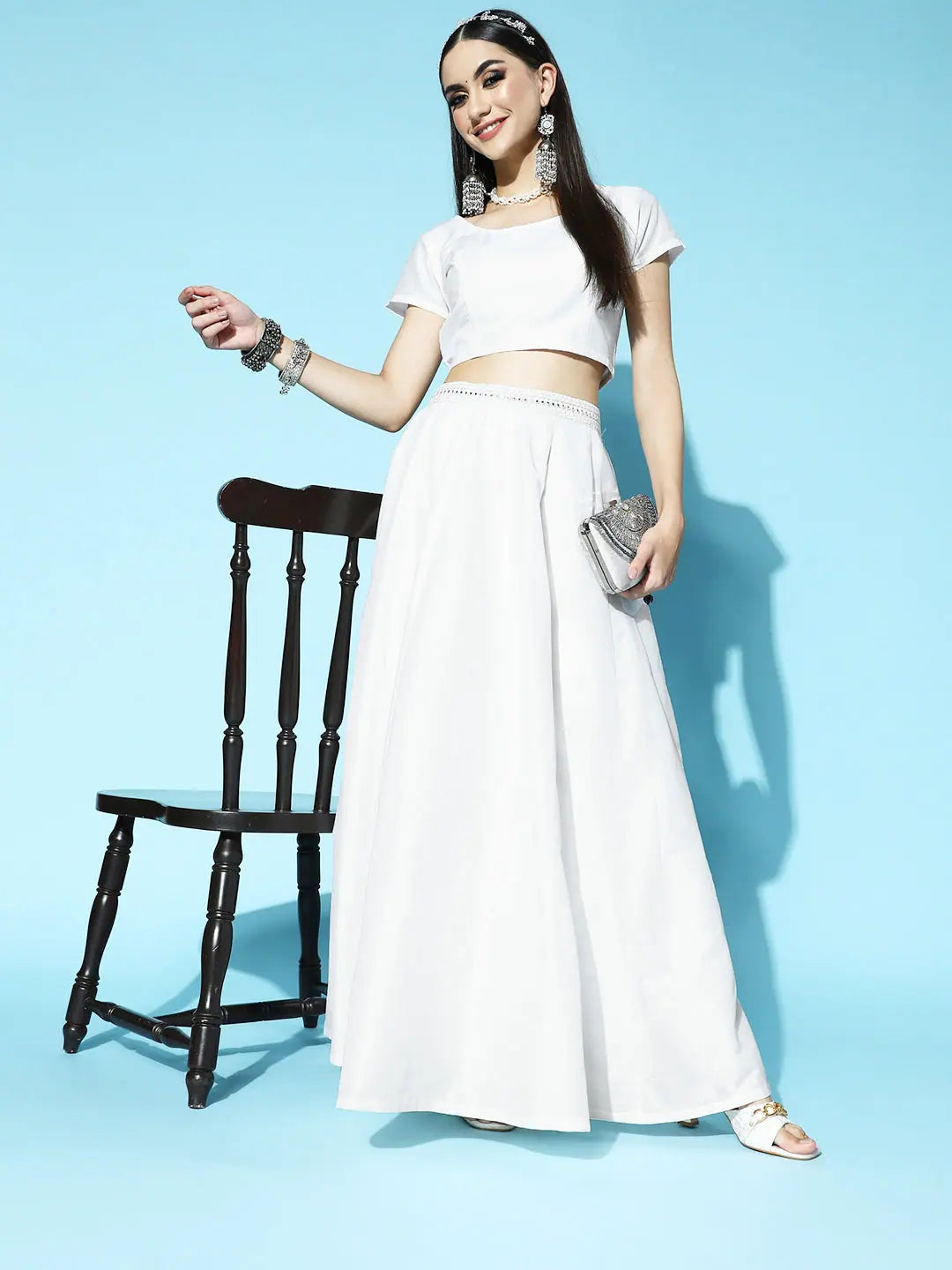 White Mirror Embroidered Anarkali Skirt - Ethnic Maxi Skirts