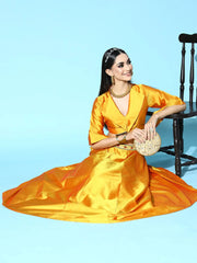 Women Mustard Notched Crop Top With Anarkali Skirt