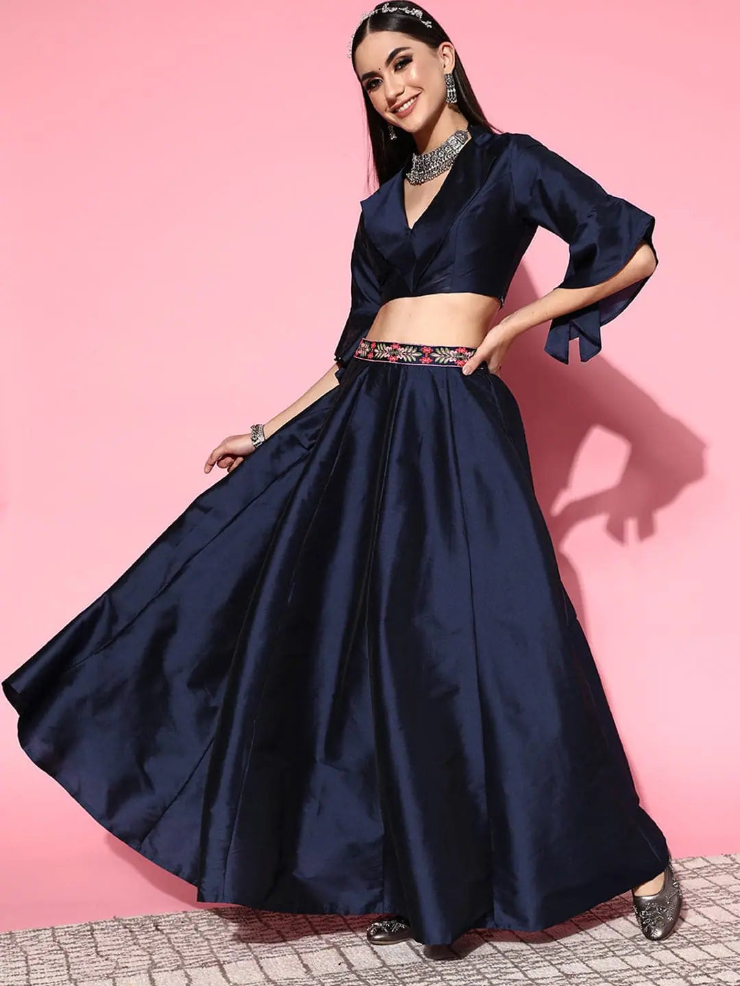 Navy Notched Crop Top Anarkali Skirt | Women's Lehenga Choli