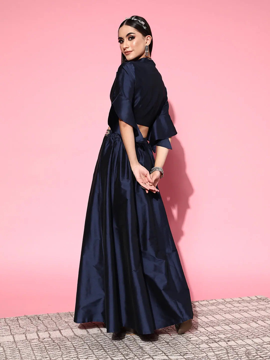 Navy Notched Crop Top Anarkali Skirt | Women's Lehenga Choli